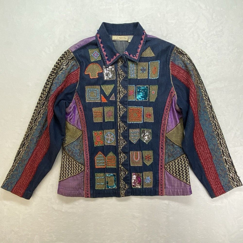 Vintage Carrie Allen Women's Jacket Large Denim Embroidered Bohemian Art to wear